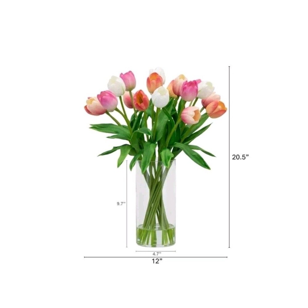 TULIPS FAKE ARTIFICIAL FLOWER FLORAL ARRANGEMENT SILK FLOWERS CERAMIC VASE NEW
